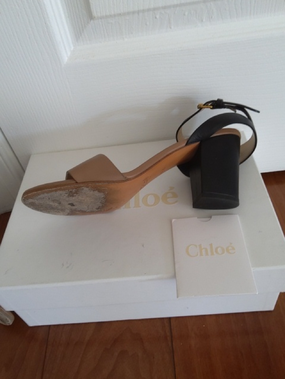 CHLOE Open Toe Taupe & Black Heeled Shoes - Picture 5 of 7